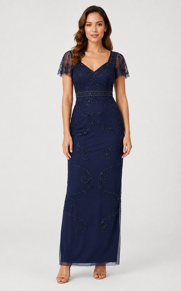Dark Navy Beaded Illusion Sleeve Sheath Evening Gown