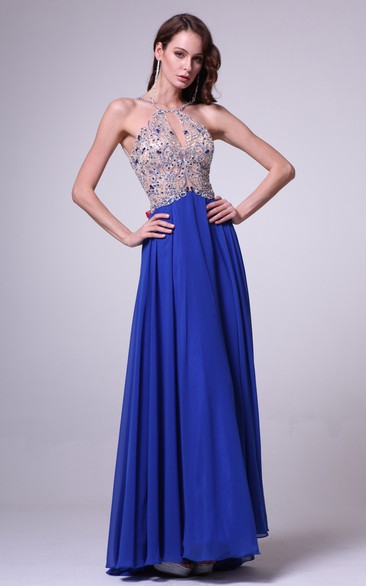 A-Line Maxi Scoop-Neck Sleeveless Chiffon Straps Dress With Beading And Pleats