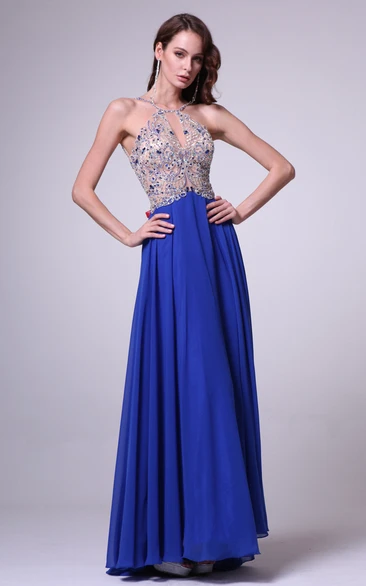 A-Line Maxi Scoop-Neck Sleeveless Chiffon Straps Dress With Beading And Pleats