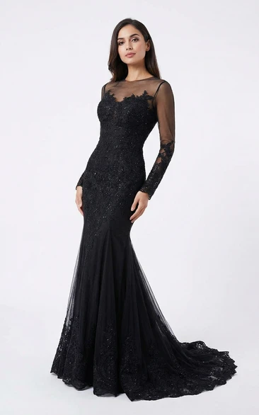 Long Sleeve Lace Mermaid Gown with Sweep Train