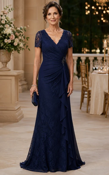 Dark Navy Lace V-neck Short Sleeve Floor-Length Mother Dress