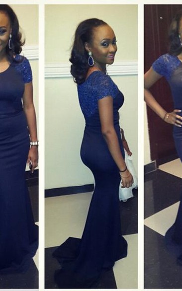 Gorgeous Short Sleeve Mermaid Appliques Evening Dress Floor Length