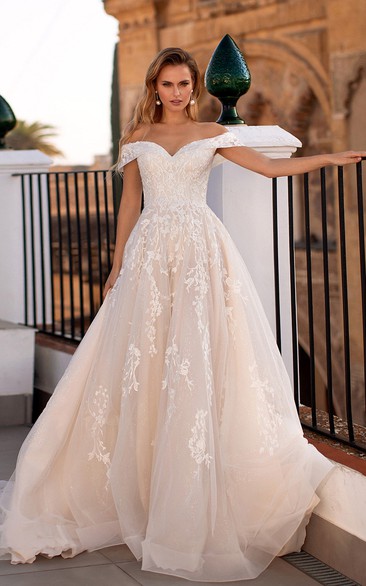 Lace Off-the-shoulder Illusion A-line Wedding Dress with Corset Back