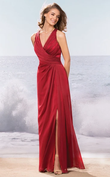 Sleeveless Long Bridesmaid Dress With Front Slit And Keyhole Back