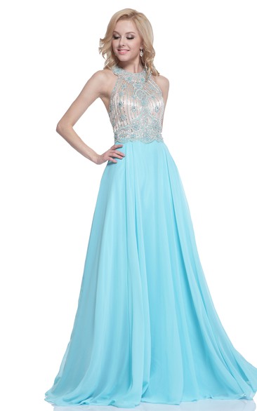 A-Line Maxi High Neck Sleeveless Chiffon Straps Dress With Beading And Pleats