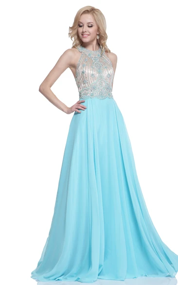 A-Line Maxi High Neck Sleeveless Chiffon Straps Dress With Beading And Pleats