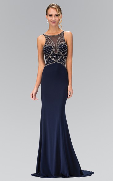 Sheath Scoop-Neck Sleeveless Jersey Low-V Back Dress With Beading