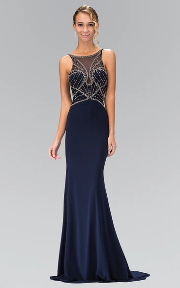 Sheath Scoop-Neck Sleeveless Jersey Low-V Back Dress With Beading