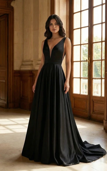Black Satin A-Line Evening Dress with Deep V-Neck and Sweep Train