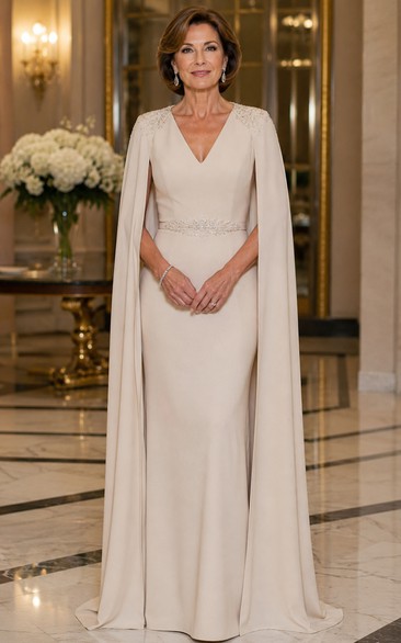 Ivory Sheath Cape Sleeve V-neck Mother Dress