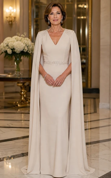 Ivory Sheath Cape Sleeve V-neck Mother Dress