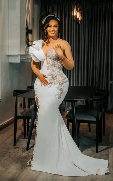 Glamorous One-Shoulder Satin Wedding Dress with Pearl Beading