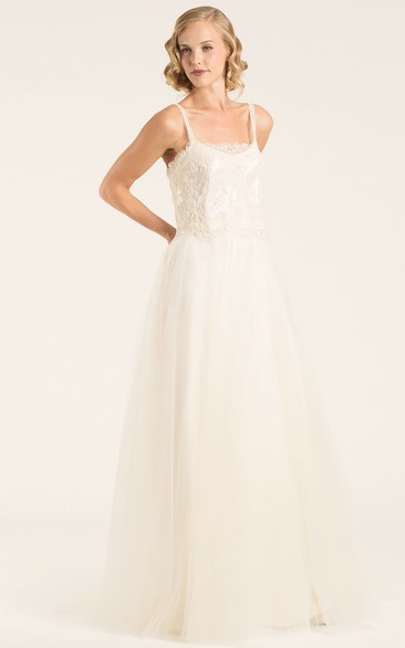 A-Line Floor-Length Appliqued Sleeveless Spaghetti Tulle Wedding Dress
