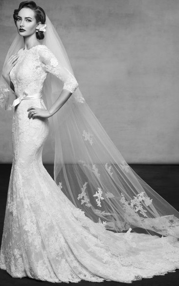 Floor-Length High Neck 3-4-Sleeve Appliqued Lace Wedding Dress With Court Train