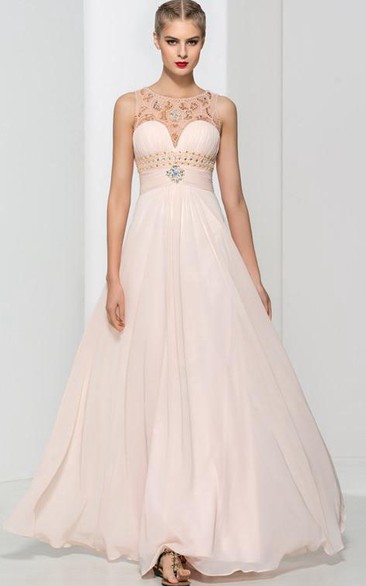 Scoop Neck Beading Pleats Long Prom Dress