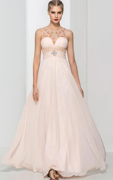 Scoop Neck Beading Pleats Long Prom Dress