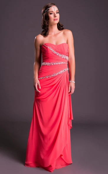Sheath Sweetheart Sleeveless Ruched Floor-Length Chiffon Prom Dress With Beading