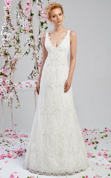 A-Line Floor-Length V-Neck Beaded Sleeveless Lace Wedding Dress