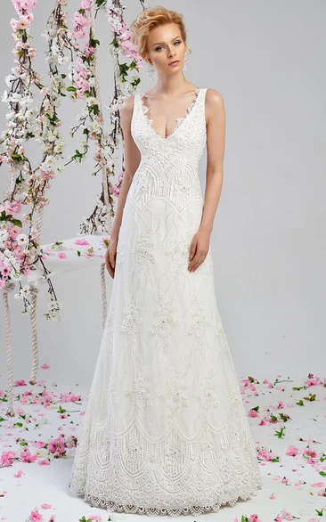 A-Line Floor-Length V-Neck Beaded Sleeveless Lace Wedding Dress
