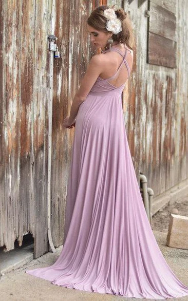 V Neck Pleated A-line Jersey Long Dress With Criss Cross Back