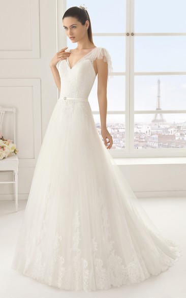 Ruffled V Back Bridal Dress With Butterfly Sleeves