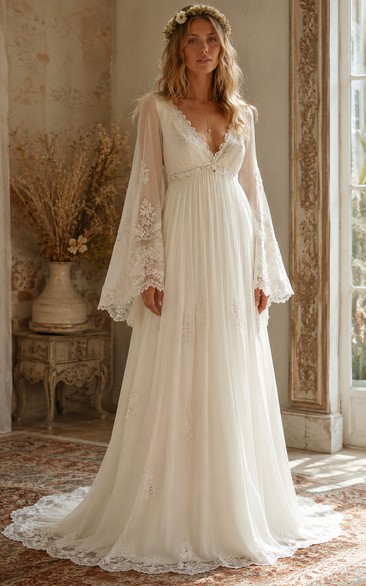 V-Neck Bell Sleeve Chiffon A-Line Vintage Wedding Dress