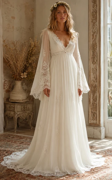 V-Neck Bell Sleeve Chiffon A-Line Vintage Wedding Dress