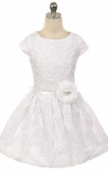 Tea-Length Pleated Tiered Tulle&Sequins Flower Girl Dress