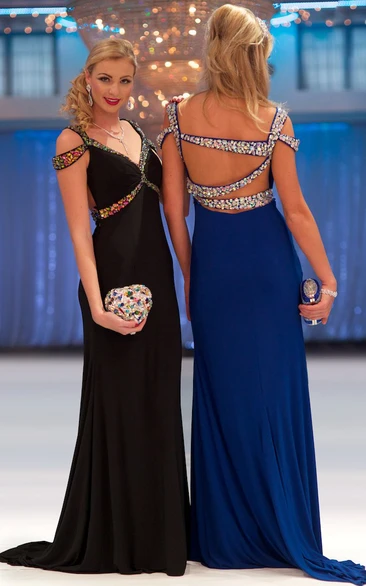 Sheath V-Neck Floor-Length Ruched Chiffon Prom Dress With Beading