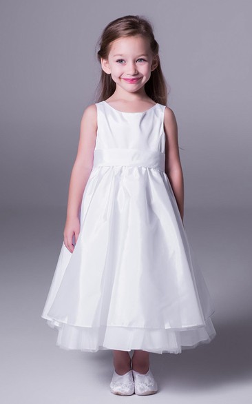 A-Line Sleeveless Scoop-Neck Ankle-Length Satin&Tulle Flower Girl Dress