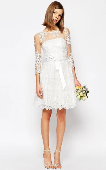 A-Line Scoop-Neck Long-Sleeve Short Lace Tea Length Wedding Dress With Keyhole