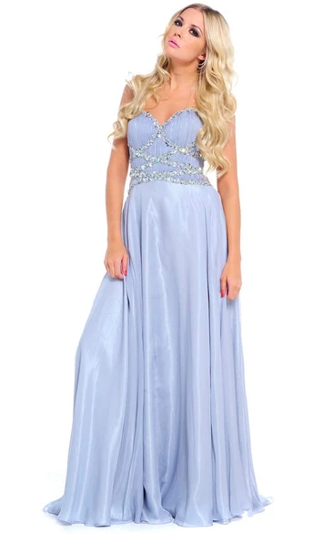 Sleeveless Beaded Sweetheart Chiffon Prom Dress With Ruching And Straps
