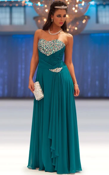 Sheath Floor-Length Sleeveless Sweetheart Beaded Chiffon Prom Dress With Pleats