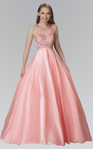 Ball Gown Long Scoop-Neck Sleeveless Satin Illusion Dress With Beading
