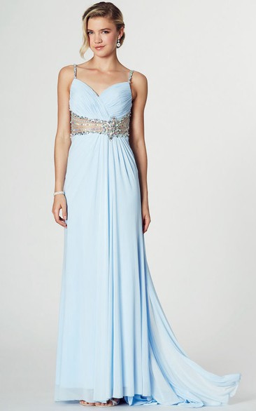 Ruched Spaghetti Sleeveless Chiffon Prom Dress