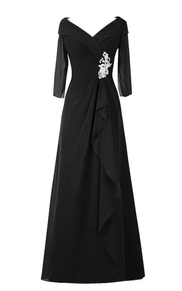 3-4 Sleeved A-line Chiffon Gown With Ruffles