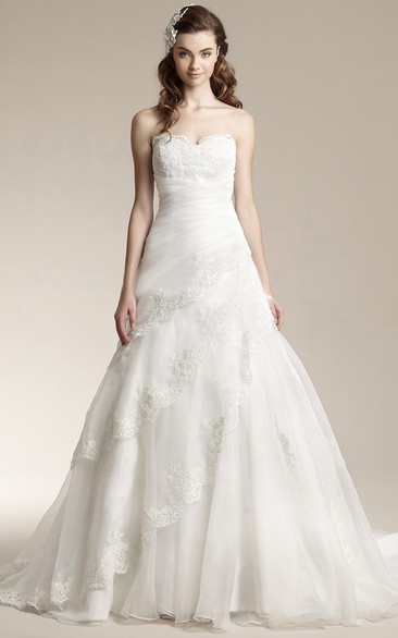 Strapless A-Line Layered Gown With Appliques And Pleats