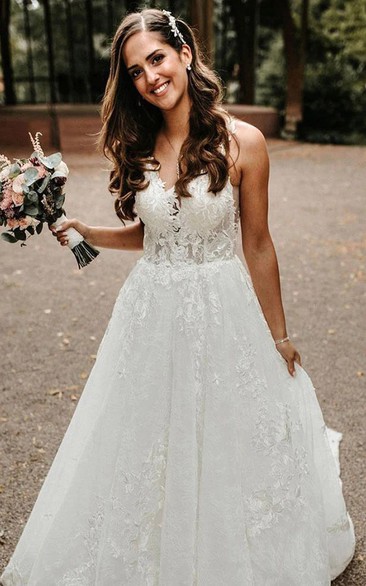 V-neck A-line Sleeveless Backless Country Lace Beach Wedding Dress