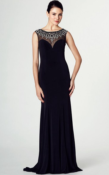 Beaded Bateau Neck Sleeveless Jersey Prom Dress With Brush Train