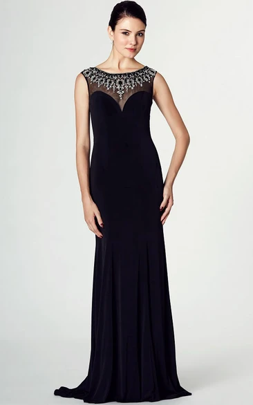 Beaded Bateau Neck Sleeveless Jersey Prom Dress With Brush Train