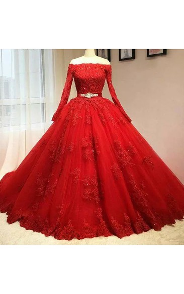 Off-the-shoulder Ball Gown Floor-length Long Sleeve Lace Tulle Prom Dress with Zipper Back
