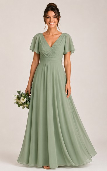 Sage Chiffon V-neck A-Line Bridesmaid Dress
