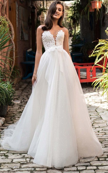 Elegant A Line Ball Gown Sweetheart Lace Tulle Court Train Simple Wedding Dress with Appliques and Bow