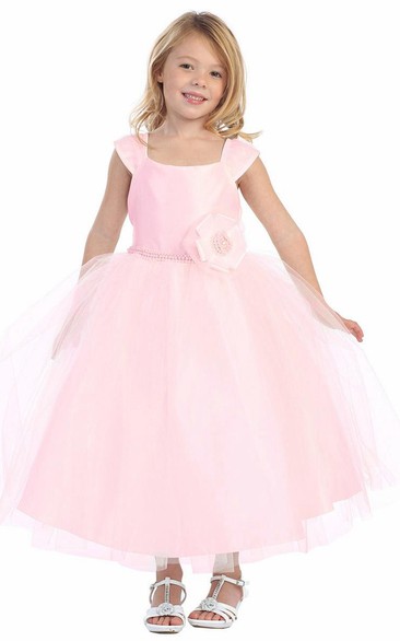 Tea-Length Cap-Sleeve Tiered Flower Girl Dress