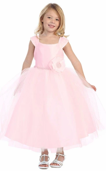 Tea-Length Cap-Sleeve Tiered Flower Girl Dress