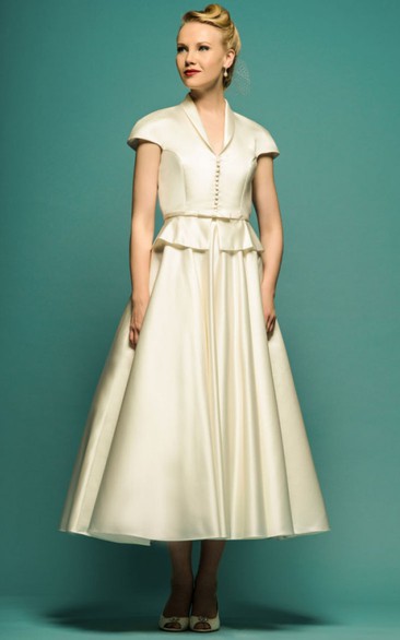 Tea-Length A-Line Scoop Neck Cap Sleeve Satin Vintage Wedding Dress