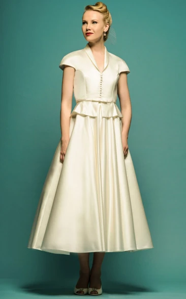 Tea-Length A-Line Scoop Neck Cap Sleeve Satin Vintage Wedding Dress