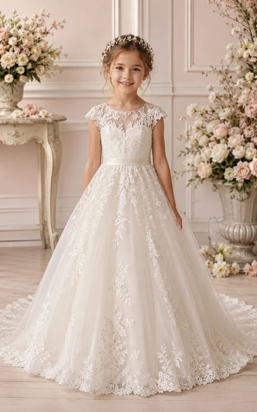 Princess Ball Gown Floor Length Cap Sleeve Tulle Lace Flower Girl Dress with Ivory illusion-back lace and tulle gown