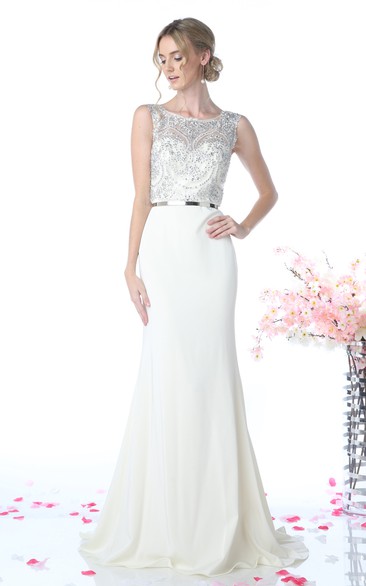 Sheath Long Scoop-Neck Sleeveless Jersey Illusion Dress With Beading