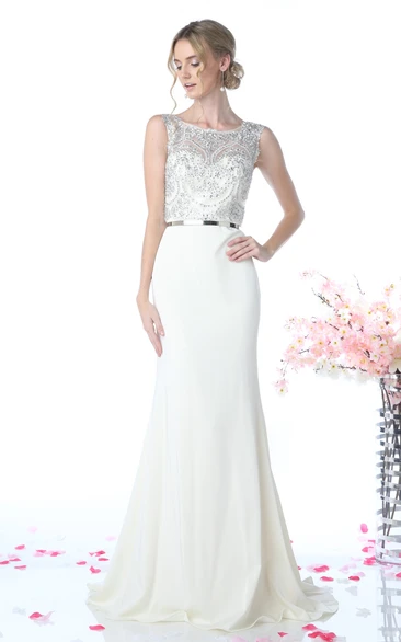 Sheath Long Scoop-Neck Sleeveless Jersey Illusion Dress With Beading